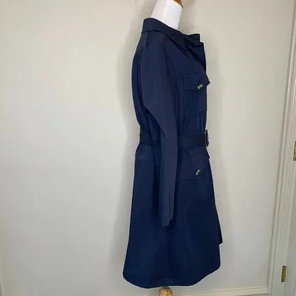 Navy Blue Vintage 70s 80s Trench Coat Horn Button Style Belted Classic Medium - Picture 4 of 15